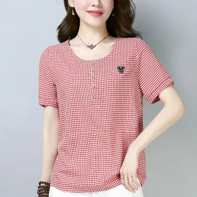 Women Korean Checkered T-Shirt Plus Size Cotton Summer