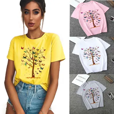 Women's Tree Print T-Shirt Yellow Pink White