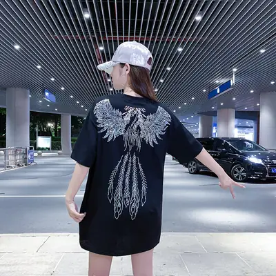 European American Hot Rhinestone T-Shirt Women's 2021 Summer Loose Fit