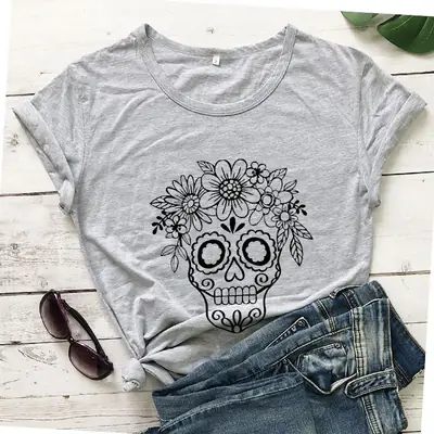 Light Blue Floral Skull T-Shirt for Women