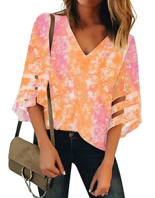 2024 Tie-Dye Blue White V-Neck Pullover Top