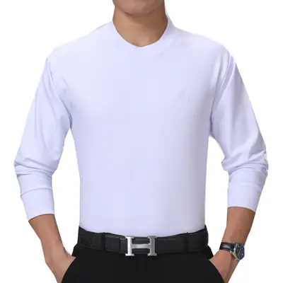 Men Cotton Long Sleeve T-Shirt Beige Middle-aged Elderly