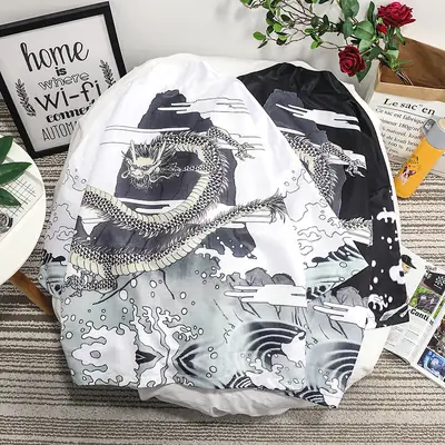 Men's Dragon Print Seven-Point Sleeve Shirt Black White