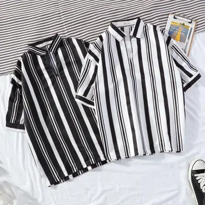 Men's Vertical Stripe Lapel Shirt Black White 2020 Summer