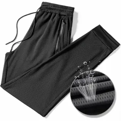 Men's Black Ice Silk Mesh Ankle-Tied Pants