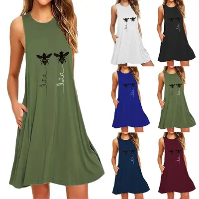 Black Sleeveless Little Bee Print Dress for Women