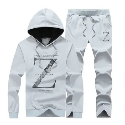 Men's White Korean Style Hoodie Pants Set XL