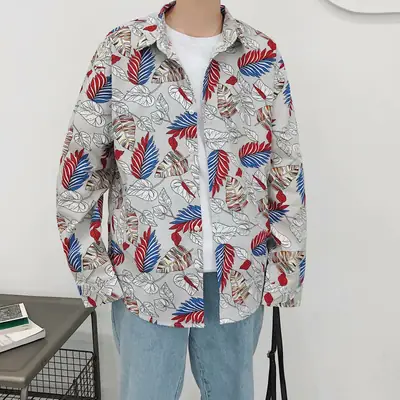 Men Long Sleeve Printed Shirt Blue Tropical Print