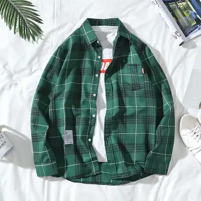 Men's Black White Plaid Long Sleeve Shirt Hong Kong Style Loose Fit