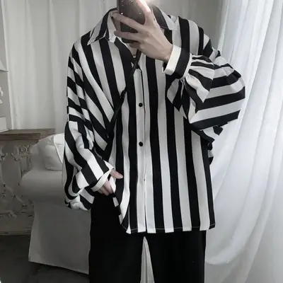 Men's Black White Striped Long Sleeve Shirt