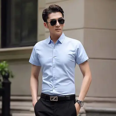 Men's Short Sleeve Business Shirt Light Blue Slim Fit