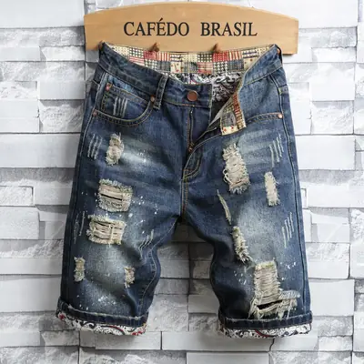 Men Stretch Denim 5-Point Frayed Shorts Blue