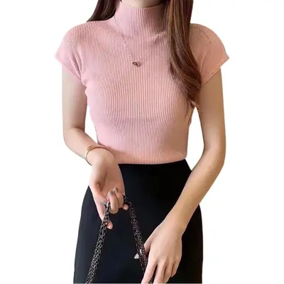 Women's 2023 Knit Half Turtleneck Short Sleeve Top