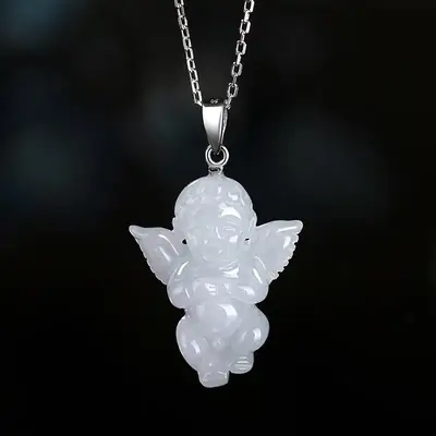 Natural Jade Angel Pendant with Silver Buckle & Chain
