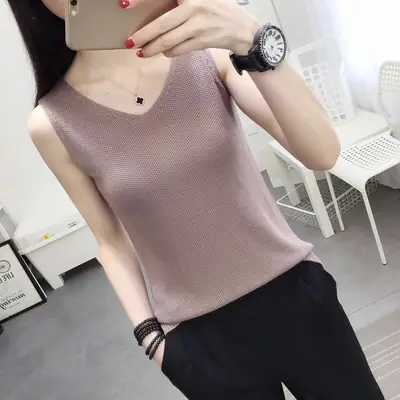 Summer V-Neck Knitted Vest Solid Color Slimming