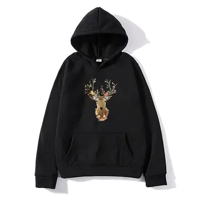 Men's Grey Deer Print Hoodie with Velvet Inner