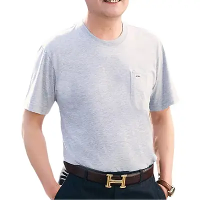 Middle-aged Men Grey Cotton T-Shirt with Real Pocket