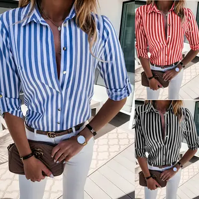 Women Striped Button Shirt Red White Autumn Style