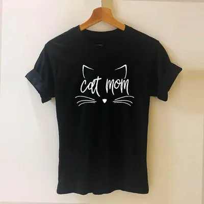 Cat Mom Printed Black T-Shirt Short Sleeve