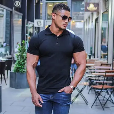 Men's Light Gray Cotton Polo Shirt Button Lapel Summer