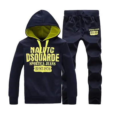Men Korean Fashion Hooded Sports Suit Navy Blue