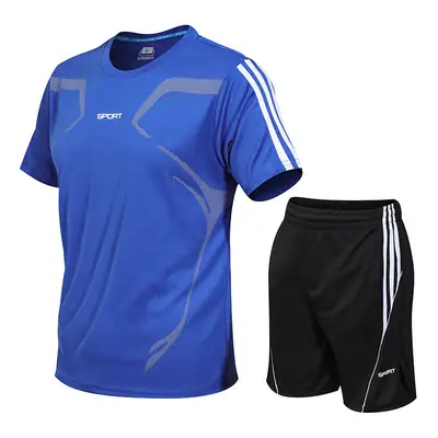 Men Blue Gray Sports Suit Short Sleeve Running Fitness