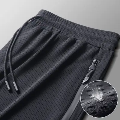 Men's Black Ice Silk Mesh Sports Pants Loose Quick-Drying