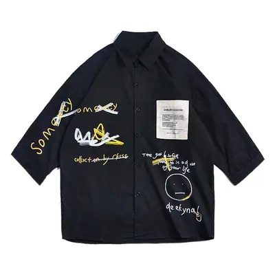 Japanese Style Black Shirt with Korean Print & Seven Sleeve