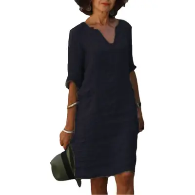 Women's V-Neck Cotton Dress Navy Blue 3/4 Sleeve
