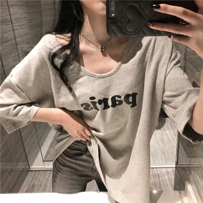 Women 2025 Summer Korean Style Half Sleeve T-Shirt Grey