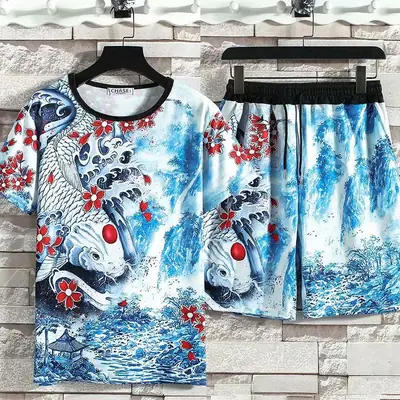 Men's Dragon Print Summer Suit Yellow Black Shorts