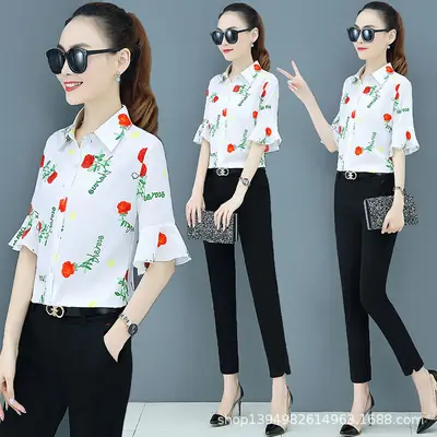 Women Printed Flared Sleeve Shirt White 2024 Summer
