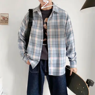 Men's Plaid Long Sleeve Shirt Blue Gray Casual Wear