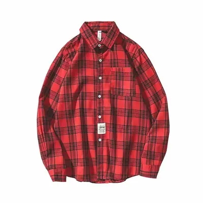 Men's Yellow Plaid Long Sleeve Shirt Korean Style