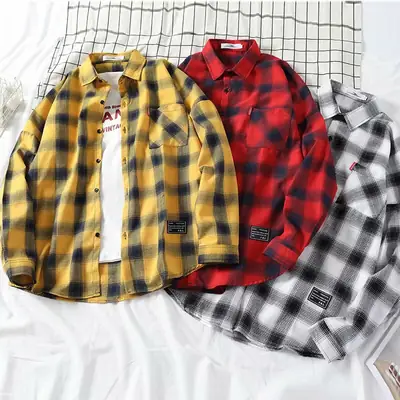 Men's Yellow Plaid Long Sleeve Shirt Korean Style