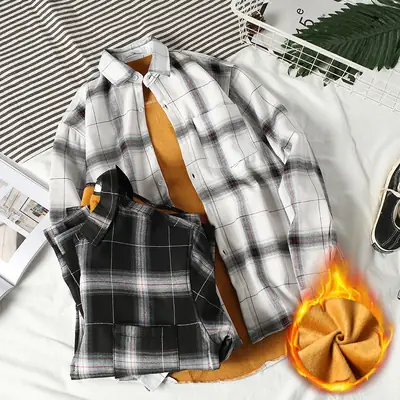 Men's Fleece Plaid Long Sleeve Shirt Black White
