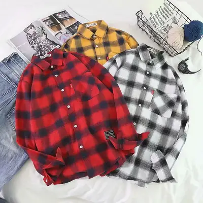 Red Plaid Long Sleeve College Shirt for Men Women