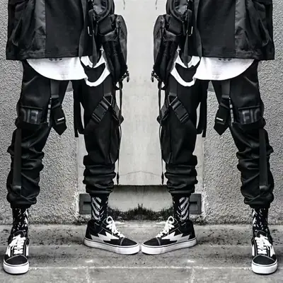 Men's Black Paratrooper Ankle-Tied Pants with Multi-Pockets