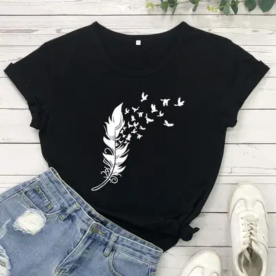 Gray Feather Birds Graphic T-Shirt Short Sleeve