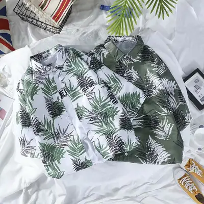 Men's Green Leaf Print Casual Shirt Loose Fit