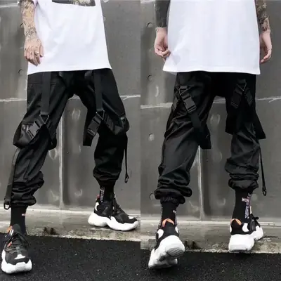 Men's Black Multi-Pocket Cargo Pants with Hip-Hop Design