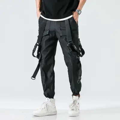 Men's Black Strap Overalls Korean Style Hip-Hop Pants