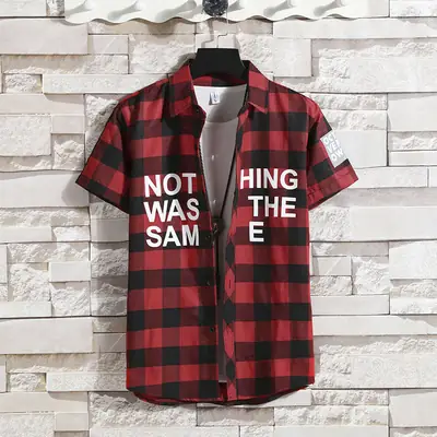 Men Red Black Plaid Short Sleeve Shirt