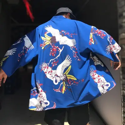 Men Ukiyo-E Crane Sunscreen Shirt Blue White 7Pc Sleeve