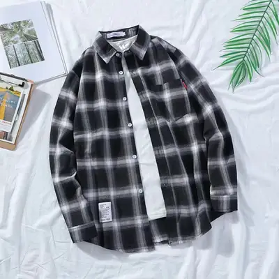 Men's Blue Plaid Long Sleeve Shirt Korean Style
