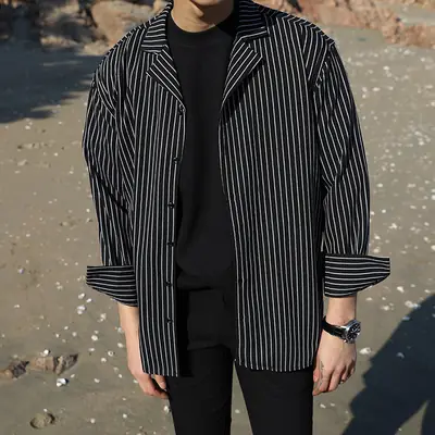Men's Striped Collar Shirt Light Beige Long Sleeve