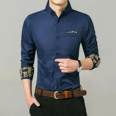 Men Light Blue Slim Fit Long Sleeve Shirt with Embroidered Sleeves