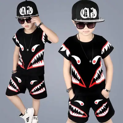 Kids Cartoon Shark T-Shirt Shorts Set Black Medium Large