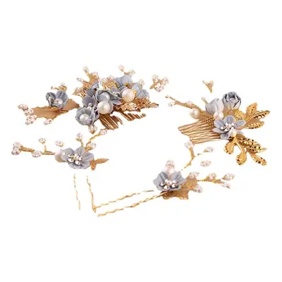 Blue Sweet Flower Hair Combing with Pearl & Gold Design