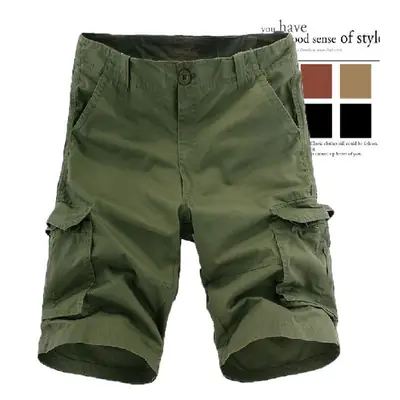Men's Green Multi-Pocket Cargo Shorts Mid Length